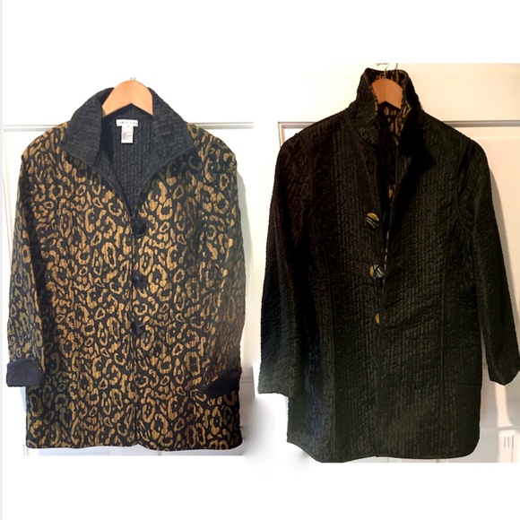 Leopard Print Black Reversible Topper Coat Quilted Size S Relaxed Patty Kim - Picture 1 of 11